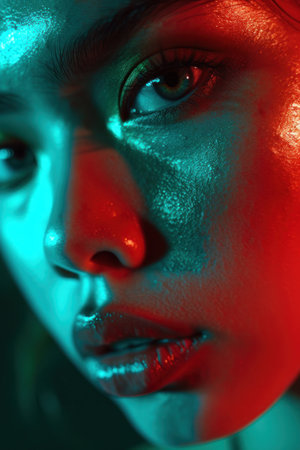 Close-up portrait of a beautiful young woman with red and green makeupの素材