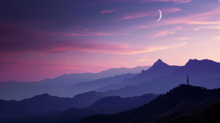 Silhouette of mountains and the moon in the sky at sunsetの素材