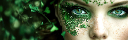 Close-up portrait of a beautiful girl with green eyes in the forestの素材