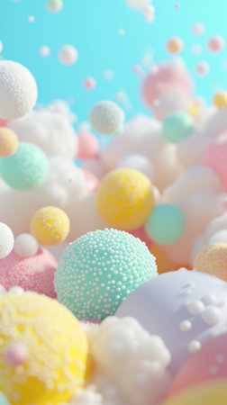 Colorful sugar balls falling in the air on a blue background.の素材