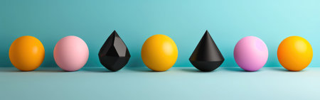 A row of colorful spheres and black shapes on a teal background.の素材