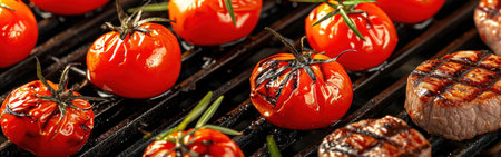 Grilled steaks with cherry tomatoes on grill pan, closeup.の素材