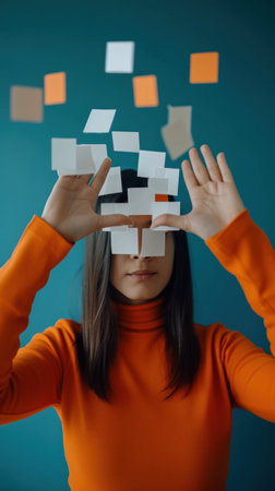 Woman in orange sweater covering her eyes with sticky notes on blue background.の素材
