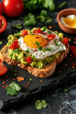 Healthy breakfast toast with avocado, fried egg and tomatoes on black background.の素材