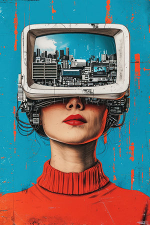 Fashion portrait of woman with old TV on the background of the city.の素材