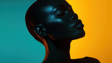 Silhouette of a black female head on a yellow background.の素材