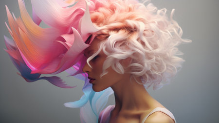 Beautiful woman with pink hair and multicolored windy hair.の素材