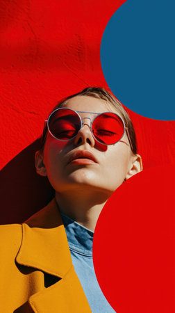 stylish girl in sunglasses looking at camera on red and blue background.の素材