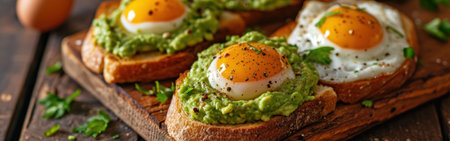 Avocado toast with fried eggs and parsley on wooden board, closeup.の素材