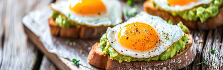 Avocado toast with fried egg on rustic wooden background, healthy breakfast.の素材