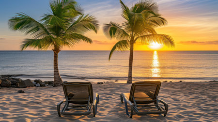 Sunset on the beach with two chaise lounges and palm trees.の素材
