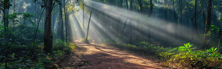 Panoramic view of foggy forest with sun rays shining through trees.の素材