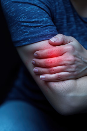Man suffering from pain in her elbow, closeup. Health care concept.の素材