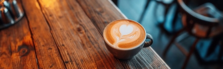 Coffee cup on wooden table in cafe. Latte art.の素材