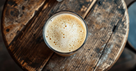 Coffee in a glass on a wooden table, top viewの素材