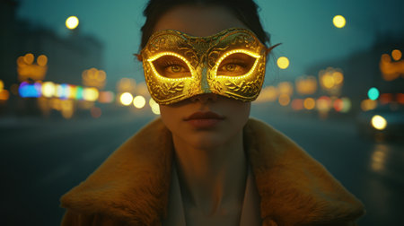 Beautiful young woman in a golden mask in the city at night.の素材