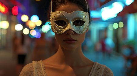 Beautiful young woman in carnival mask on the street at night.の素材
