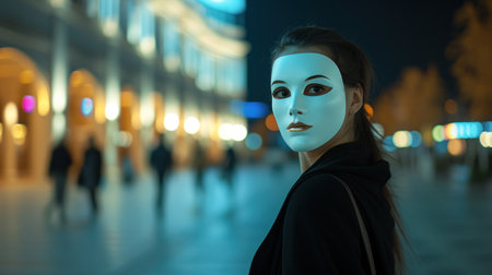 Portrait of a young woman in a mask in the city at night.の素材