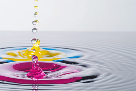 Falling drops of water. Splash effect after collision a falling drops with water Surfaceの素材