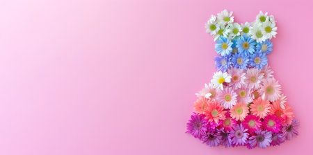 Flower bouquet made of daisies on pink background. Flat lay, top viewの素材