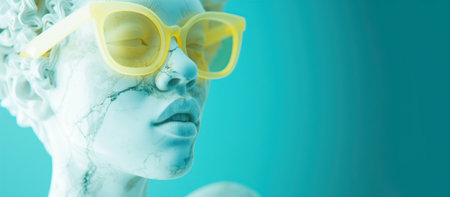 Close-up portrait of a female face with yellow glasses on a blue background.の素材