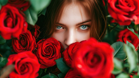 Close-up portrait of a beautiful young woman with red roses.の素材