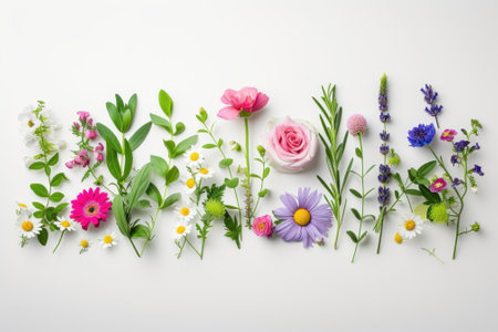 Flower arrangement on white background. Flat lay, top view.の素材