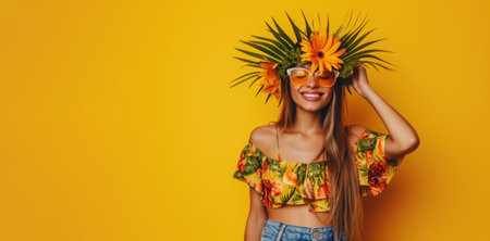Beautiful young woman in a wreath of flowers on a yellow backgroundの素材
