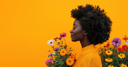 Beautiful african american woman with afro hairstyle and flowers against orange wallの素材