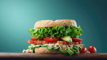 A large sandwich filled with crisp lettuce, juicy tomatoes, and crunchy cucumbers on a bed of fresh bread.の素材