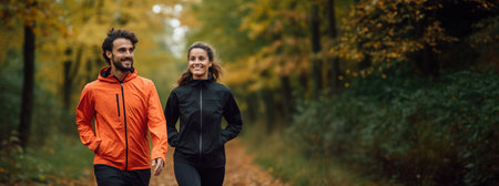 A man and a woman are running through a dense forest surrounded by trees and greenery.の素材