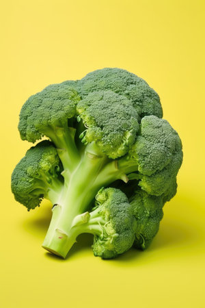 A head of broccoli sitting on a bright yellow background.の素材