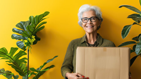 An older woman stands in front of a yellow wall, holding a cardboard box. Delivery service concept.の素材