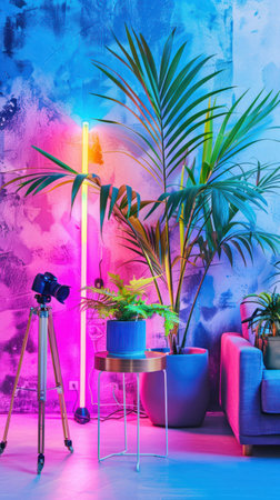 A room featuring a blue couch, blue chair, and a pink and blue wall in a neon-lit modern interior space.の素材