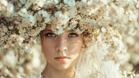 A woman with a veil on her head standing amidst a variety of colorful flowers.の素材