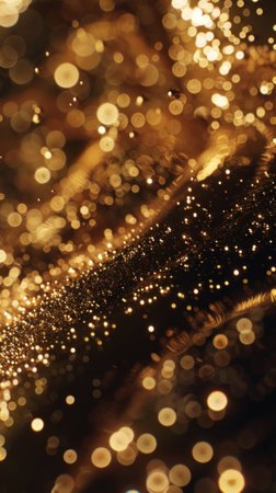 Close-up of gold glitter scattered on a black background, creating a shimmering and blurry effect.の素材