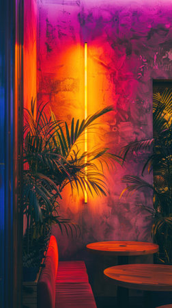 A room with contemporary decor featuring tables and chairs arranged neatly.の素材