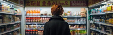 A woman is seen standing in the condiment aisle of a grocery store, browsing various condiments on the shelves.の素材