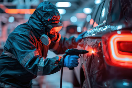 A man wearing a protective suit spray painting a car in an automotive workshop.の素材