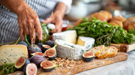 A person is seen cutting up some food on a cutting board, including figs and bread, with a knife.の素材