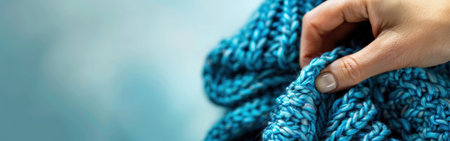 A womans hand holds a cozy blue knitted sweater, showcasing its texture and color.の素材