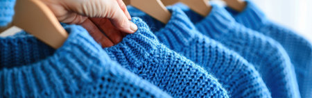 A persons hand holding a wooden clothes hanger with stylish pink sweaters in front of a row of blue sweaters.の素材