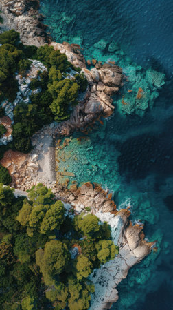 A birds eye view of the ocean waves crashing onto the coastline with trees lining the shore.の素材