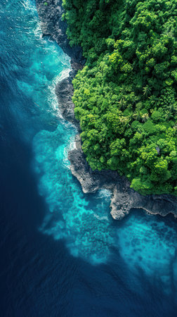 Aerial perspective of dense green forest located adjacent to a water body with sea waves gently touching the shore.の素材