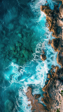 A birds eye view of ocean waves crashing against rocky cliffs along the coast.の素材