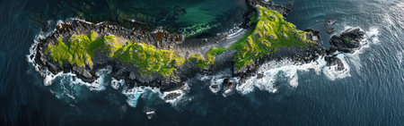 Aerial view of an island surrounded by ocean waves crashing against rocky shores.の素材
