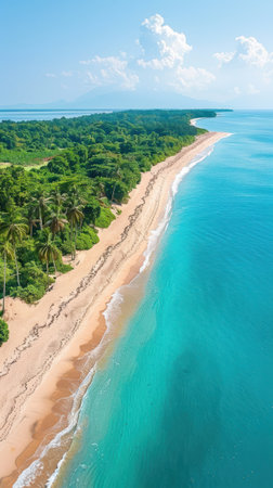 An aerial view of a long sandy beach stretching alongside the ocean in Africa.の素材