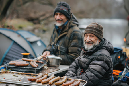 An elderly father and adult son standing next to a grill filled with sausages, cooking outdoors.の素材