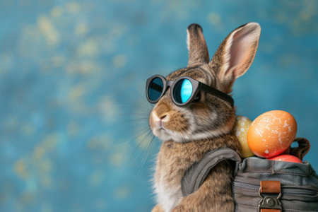 Close-up of an Easter bunny wearing sunglasses and carrying a backpack.の素材