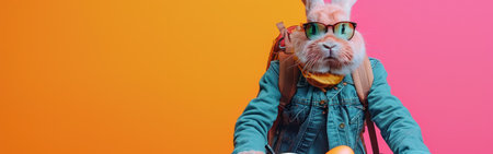 Easter bunny wearing sunglasses and a blue jacket, sitting on a motorcycle.の素材